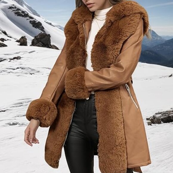 Puffer Jacket Women Winter Fur Lined Camel Coat Long Fur Collar Warm Overcoat - Picture 5 of 5